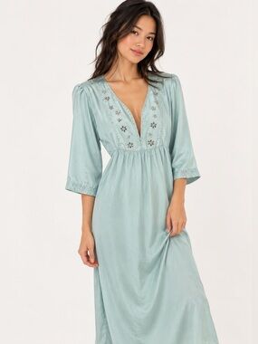 Victoria's Secret Silk Light blue nightgown, flower rhinestones, plunging V-Neck